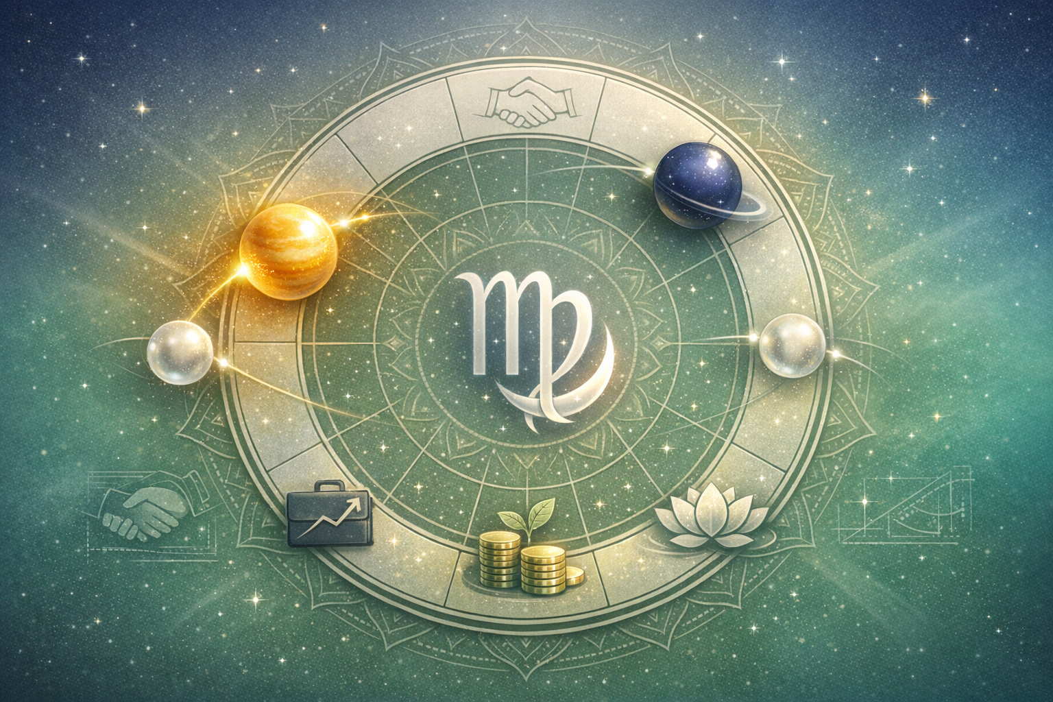 Astrology-themed zodiac wheel with the Virgo symbol at center, encircled by glowing planets and icons for career, money, wellness, and partnerships on a starry teal background for a Virgo horoscope.