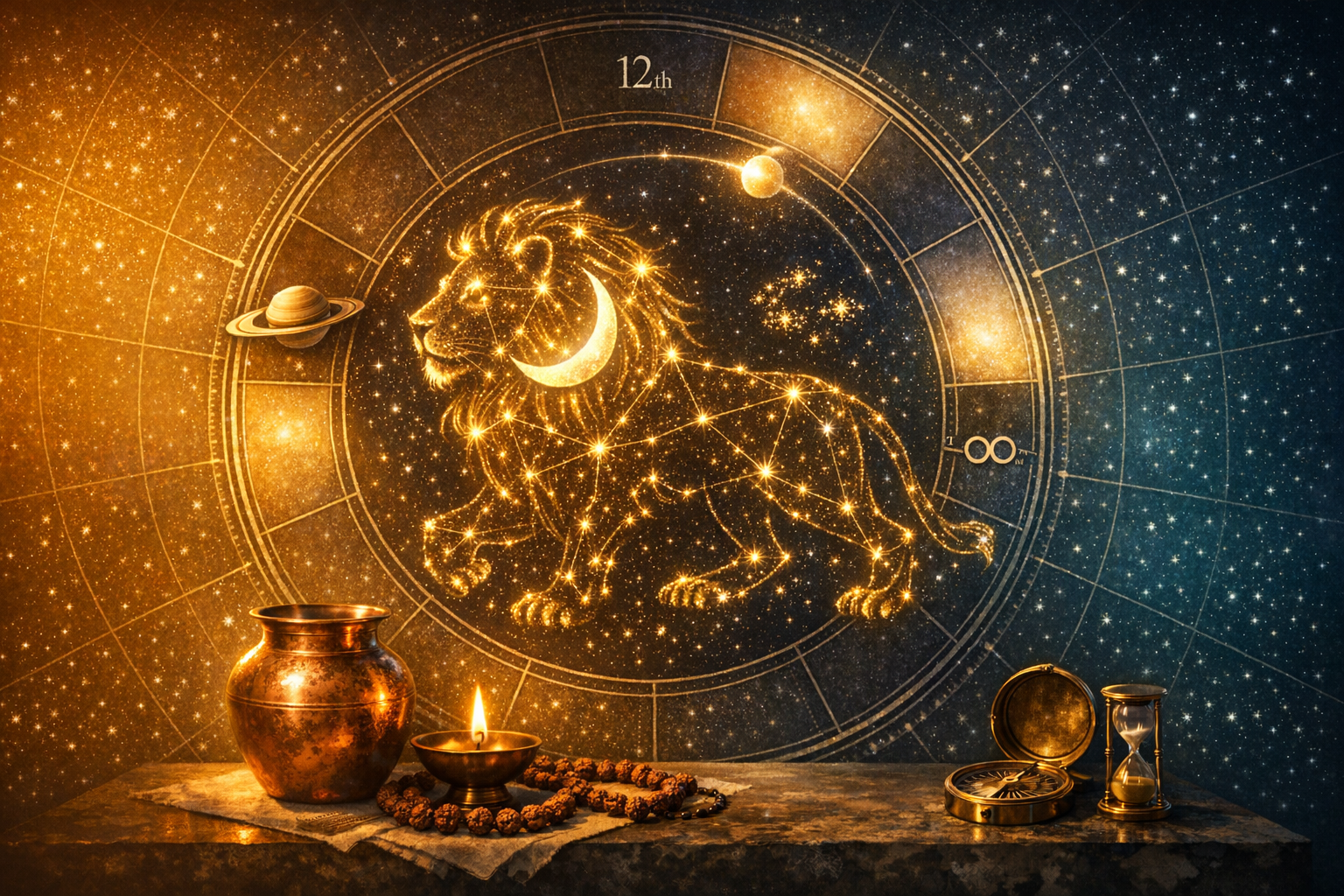Glowing Leo constellation within a zodiac wheel marked 12th house, with a crescent moon and Saturn; in front, a copper vessel, oil lamp, mala beads, compass, and hourglass—Vedic astrology theme.