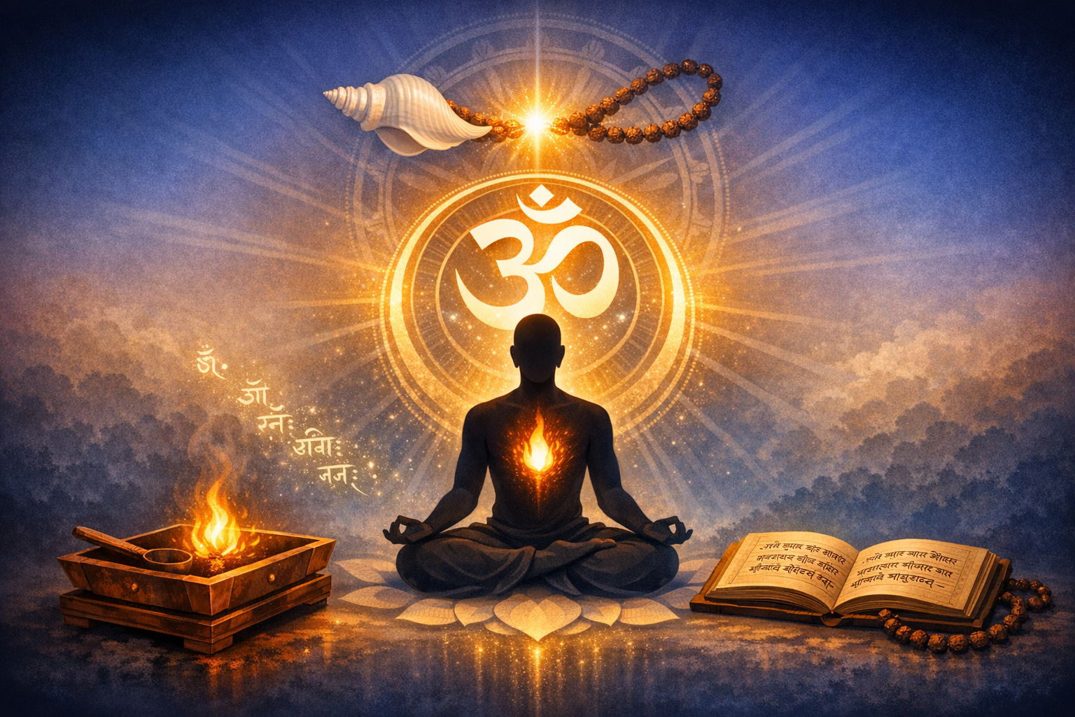 Silhouette meditating on a lotus with a glowing heart, a radiant Om above, conch shell and rudraksha mala gleaming, sacred fire and open Sanskrit scripture at the sides in a serene blue-gold scene.