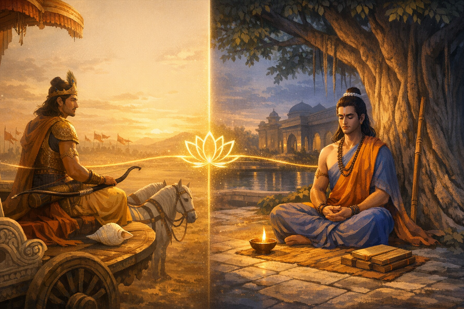 Split-scene artwork: an armored archer on a chariot at sunset faces a meditating sage under a banyan at dusk, connected by a glowing lotus line, symbolizing dharma, action, ethics, and meditation.