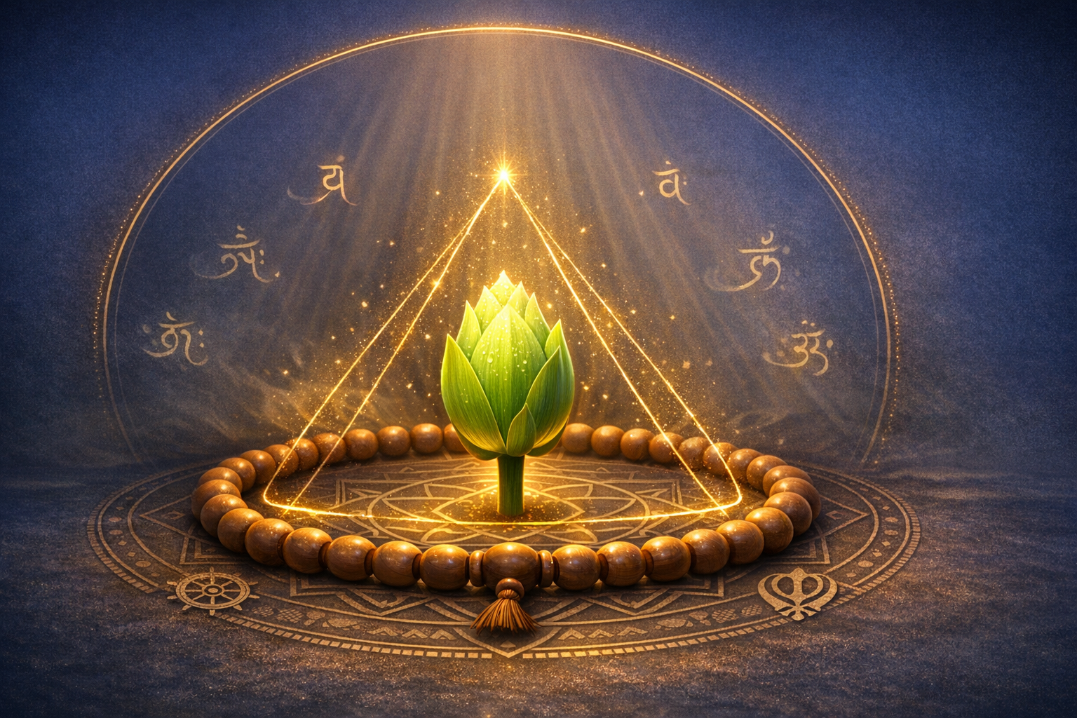 Glowing green lotus bud centered in a mandala and encircled by wooden mala beads, lit by golden rays and geometric lines, with mantra symbols behind, evoking meditation, yoga, and sacred geometry.