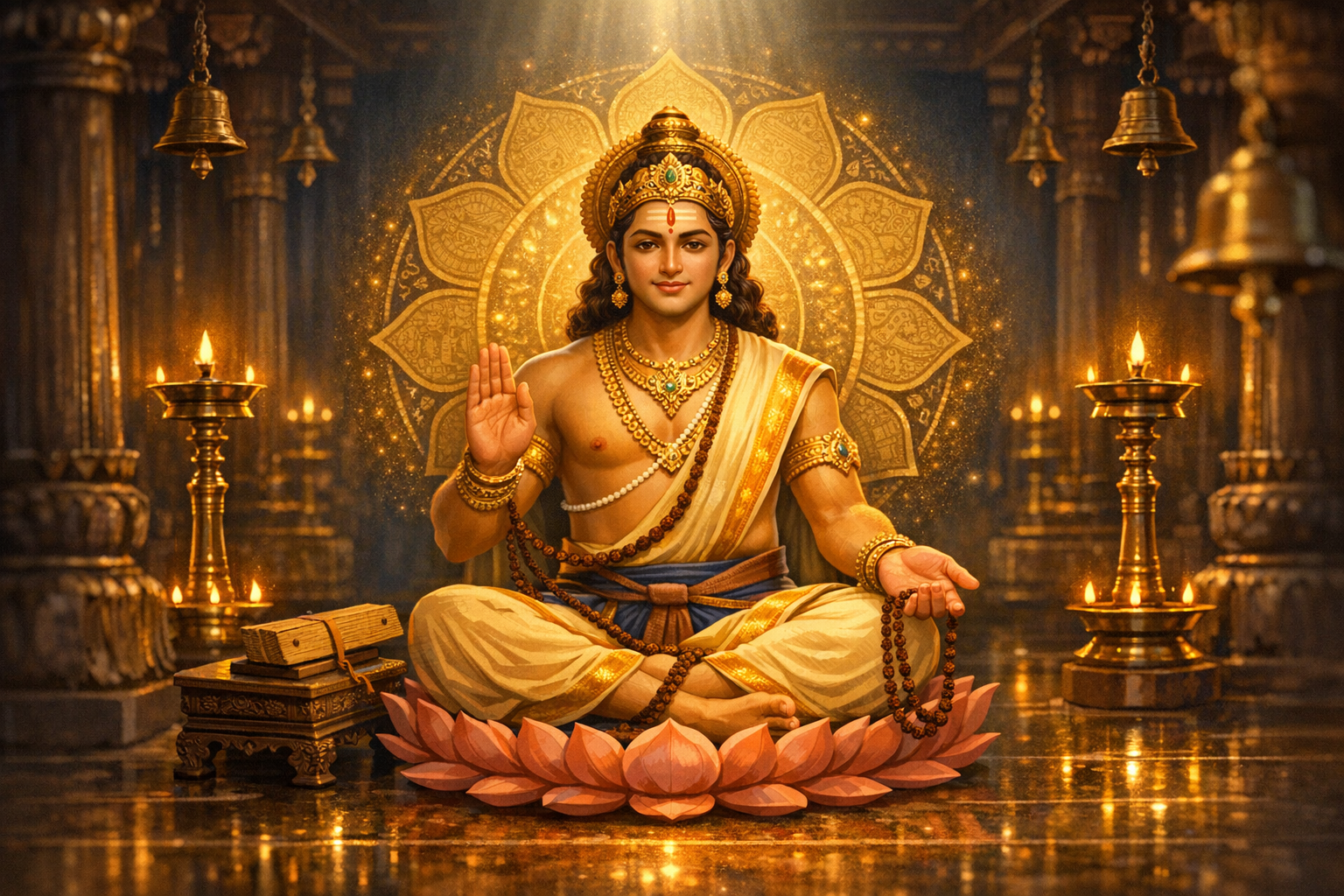 Serene deity-like figure in lotus pose on a pink lotus inside a candlelit Indian temple, with golden mandala halo, oil lamps, and prayer beads—evoking Hinduism, spirituality, and meditation.