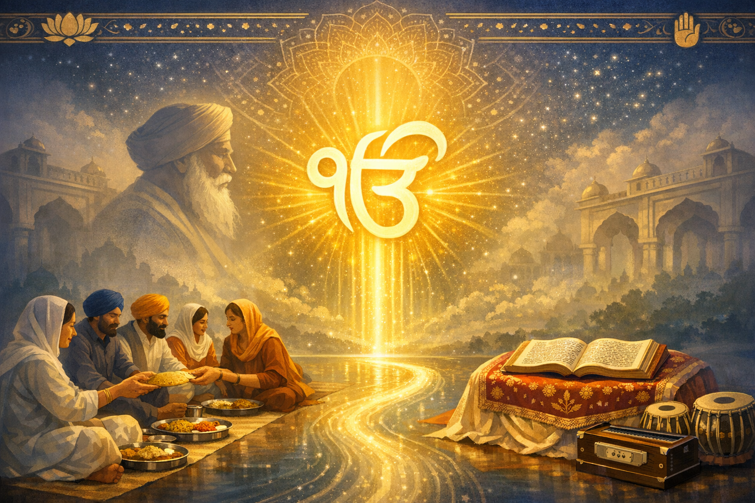 Golden Ik Onkar radiates over a river of light; Sikh devotees share langar at left, while an open scripture with harmonium and tabla at right suggests kirtan amid gurdwara arches and a starry sky.