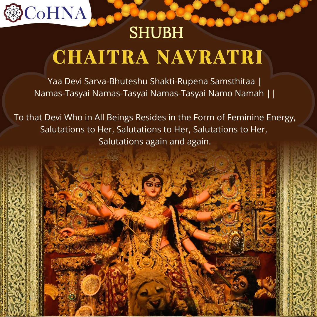 Festival poster for Shubh Chaitra Navratri showing an ornate Durga idol with many arms, lion and demon, marigold garlands, and a Sanskrit shloka with English meaning, greeting the Hindu New Year.