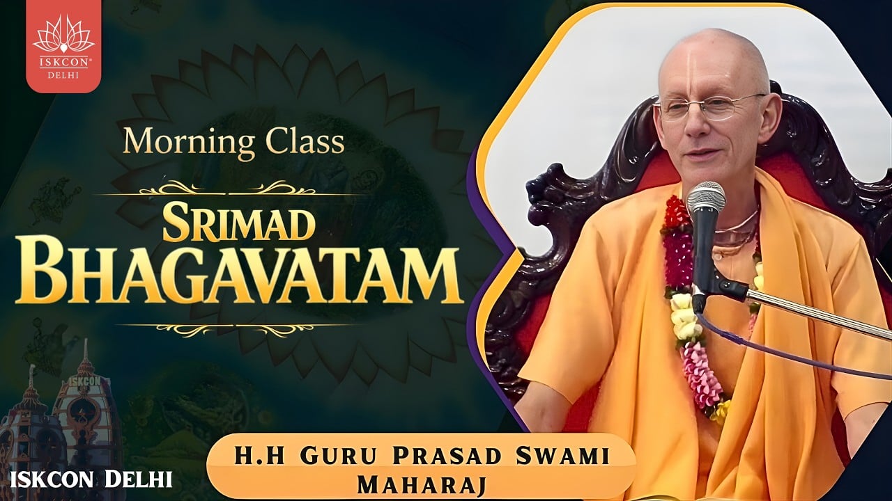 Promotional banner for ISKCON Delhi’s Morning Srimad Bhagavatam class: a saffron-robed speaker with flower garland speaks into a microphone on a carved chair; temple logo and title; testing.