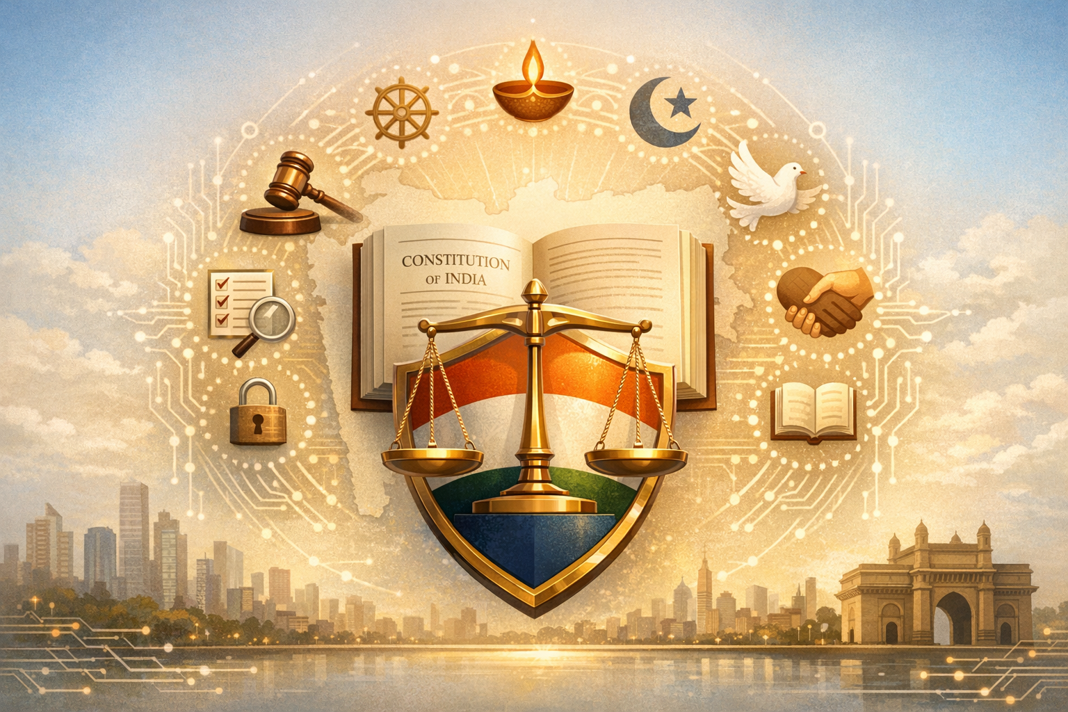 Illustration of the Constitution of India with golden scales on a tricolor shield, surrounded by faith icons, dove, handshake, gavel, checklist, padlock, and circuit motifs above the Mumbai skyline.