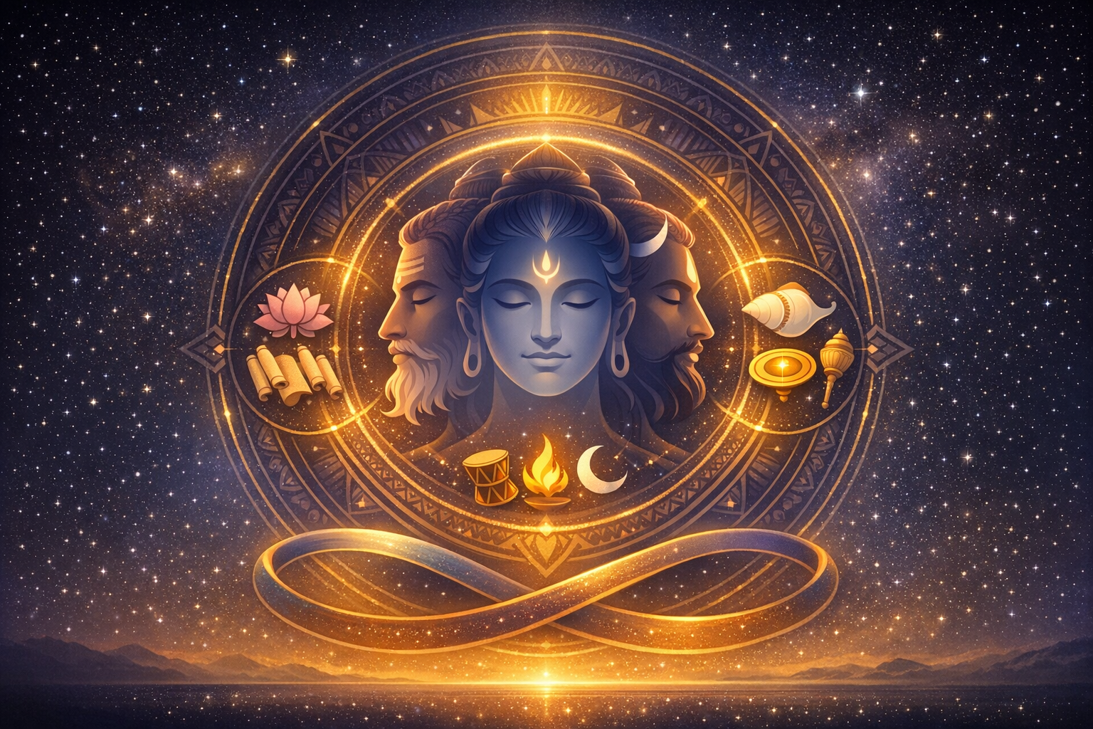 Starry cosmic mandala with three serene faces suggesting the Hindu Trimurti, ringed by a lotus, scrolls, damaru drum, sacred fire, crescent moon, conch, oil lamp, and mace in glowing gold.