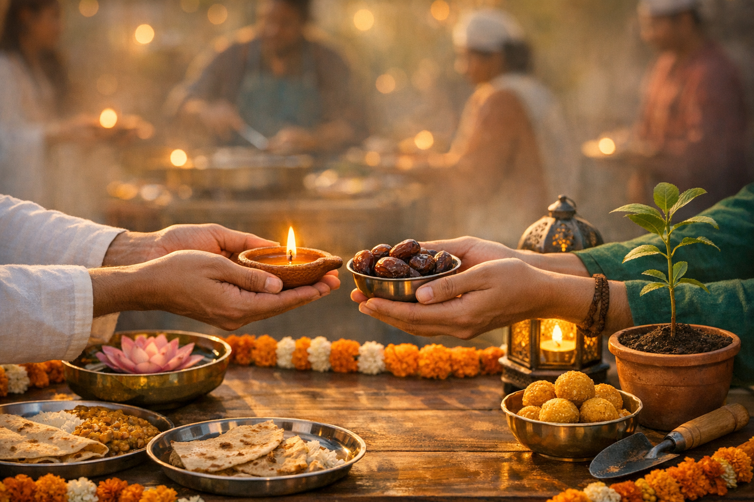 Close-up of two people trading a lit clay oil lamp and a bowl of dates over a table with flatbreads, chickpeas, sweets, marigold garlands, a lantern, and a potted sapling at a community meal.