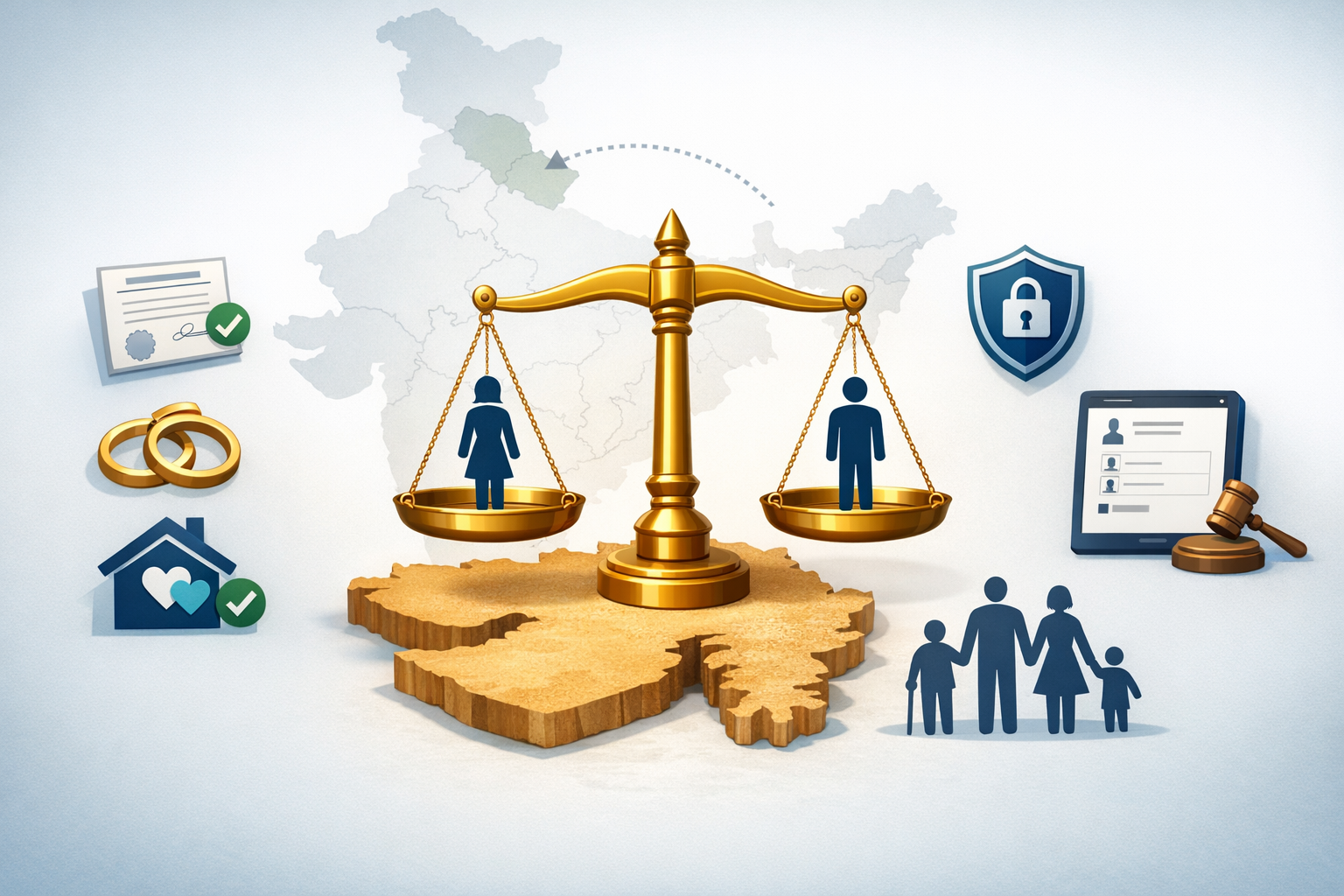 Illustration of gender-equal justice and India's Uniform Civil Code: golden scales over a highlighted state, with icons for marriage, inheritance, live-in registration, privacy and family law reform.
