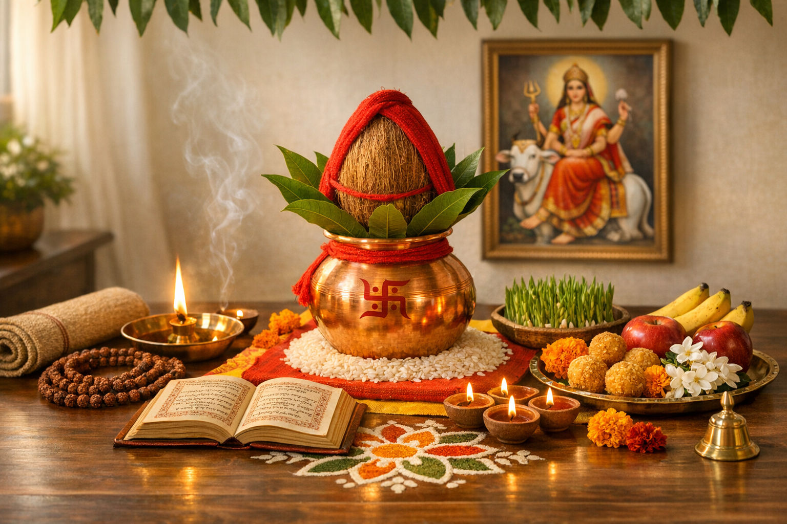 Hindu puja altar with copper kalash, coconut and mango leaves, sacred swastika, oil diyas, rangoli, incense, prasad sweets, fruits, and flowers, before a goddess painting at a Hindu festival home.