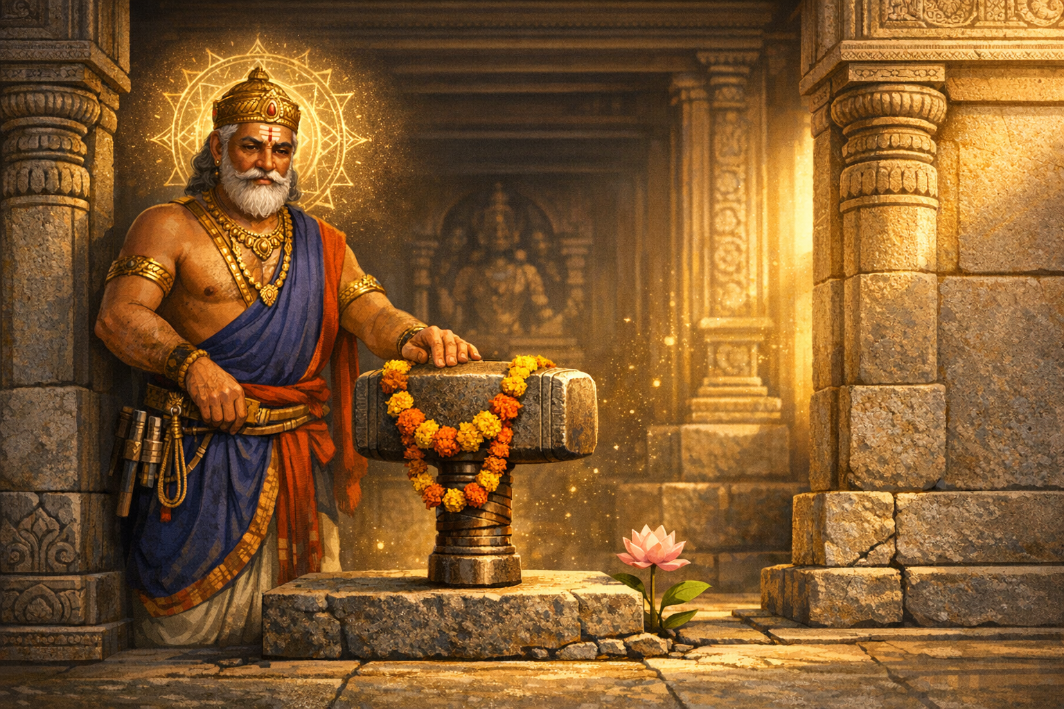 Elderly bearded figure in crown and jewels stands in a sunlit stone temple, hand resting on a garlanded anvil. A radiant halo surrounds him as a pink lotus sprouts from a floor crack amid dust.