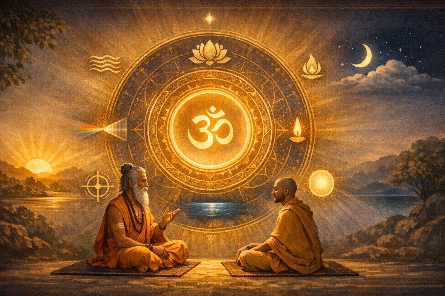 An elder sage and a monk sit cross‑legged by a lake at dusk, beneath a radiant mandala with the Om symbol, lotus, lamp, moon, and sun—evoking meditation, yoga, mindfulness, and spiritual philosophy.
