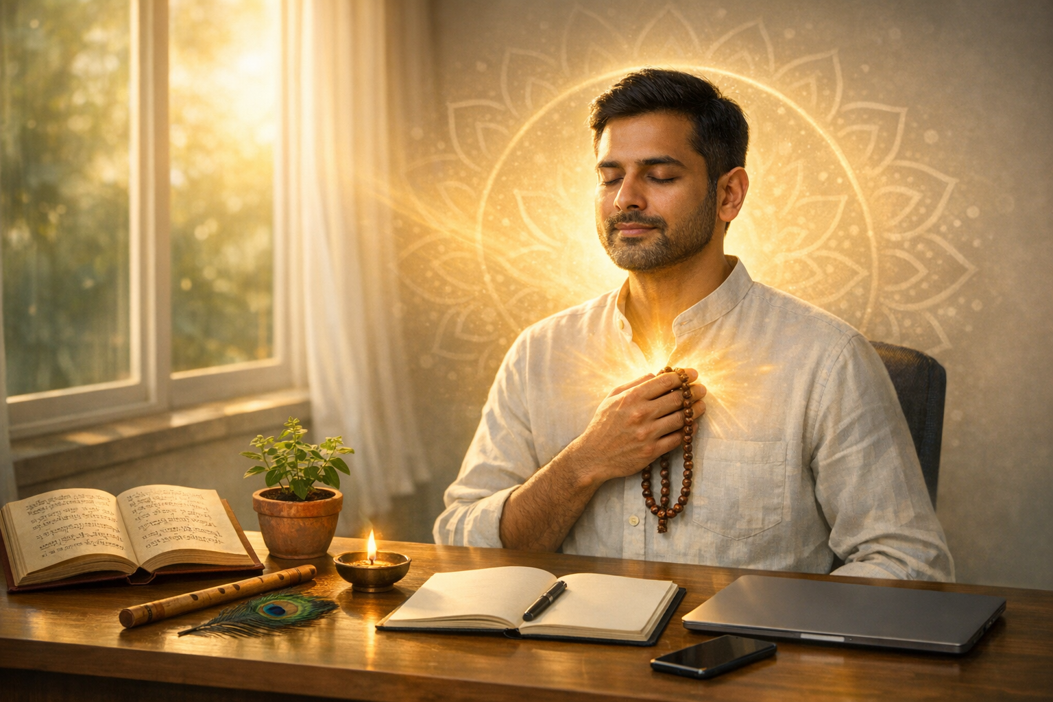 Person with eyes closed meditates at a sunlit desk, hand on heart holding mala beads as golden light glows; open book with Indic script, tulsi plant, oil lamp, flute, notebook, and laptop—mindfulness.