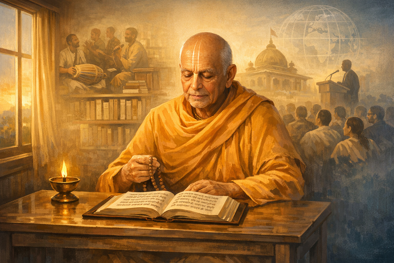 Elder monk in saffron robes reads an open Sanskrit text at a wooden desk, counting japa beads by an oil lamp; behind him, faint scenes show kirtan, a temple dome, and a public lecture to a crowd.