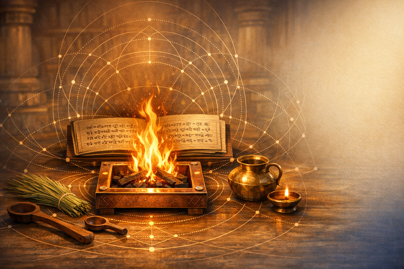 Vedic fire ritual scene: a blazing havan kund before an open Sanskrit text, with brass kalash, oil lamp, wooden ladles, and darbha grass, set amid sacred-geometry lines in warm temple light.