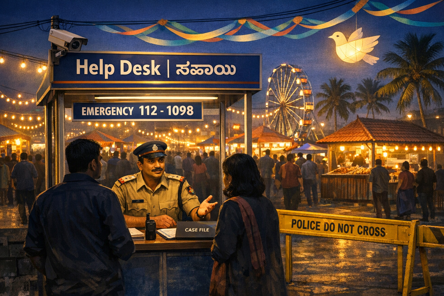 Police help desk at a busy night festival, CCTV above, helpline 112–1098 shown. An officer assists two visitors by a 'POLICE DO NOT CROSS' barrier while a ferris wheel and stalls glow under lights.