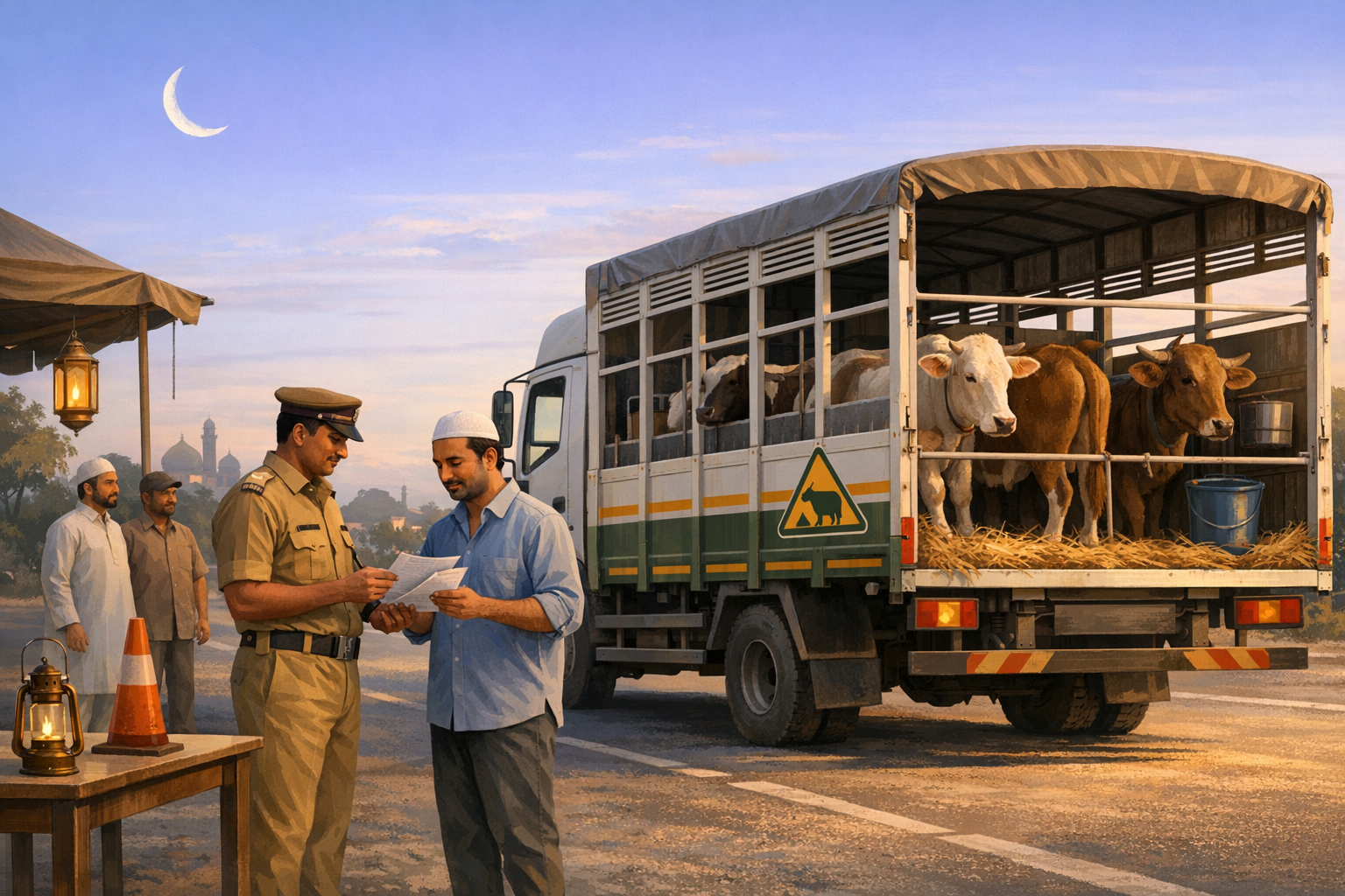 Roadside checkpoint at dusk: a uniformed officer checks a driver's papers beside a livestock truck carrying cows on straw, with a blue bucket, lantern, traffic cone, and a slim crescent moon above.