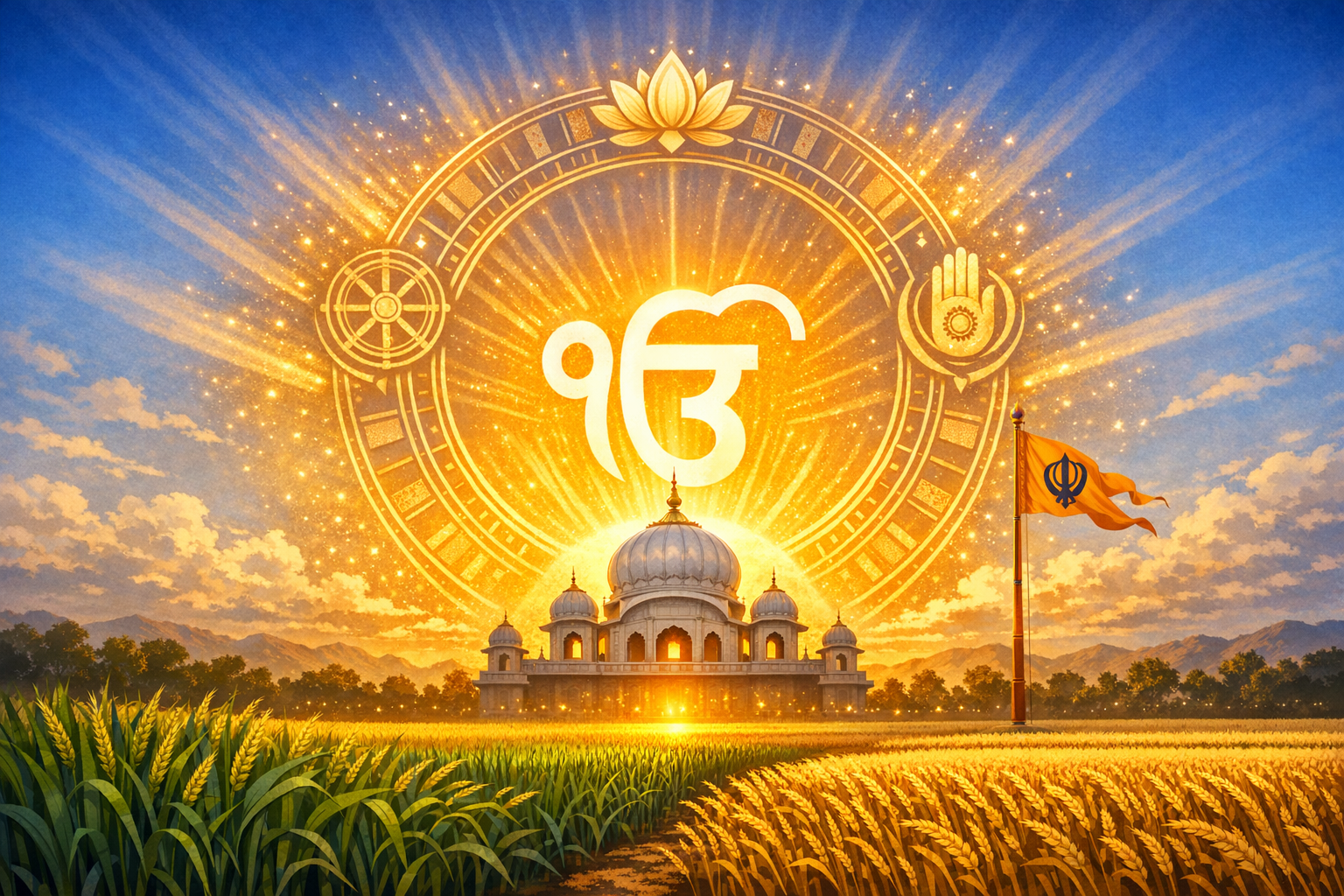 Radiant sunrise over a white-domed gurdwara set amid ripening wheat fields, with the Ik Onkar symbol glowing in a golden halo and a saffron Nishan Sahib flag bearing the Khanda fluttering at right.