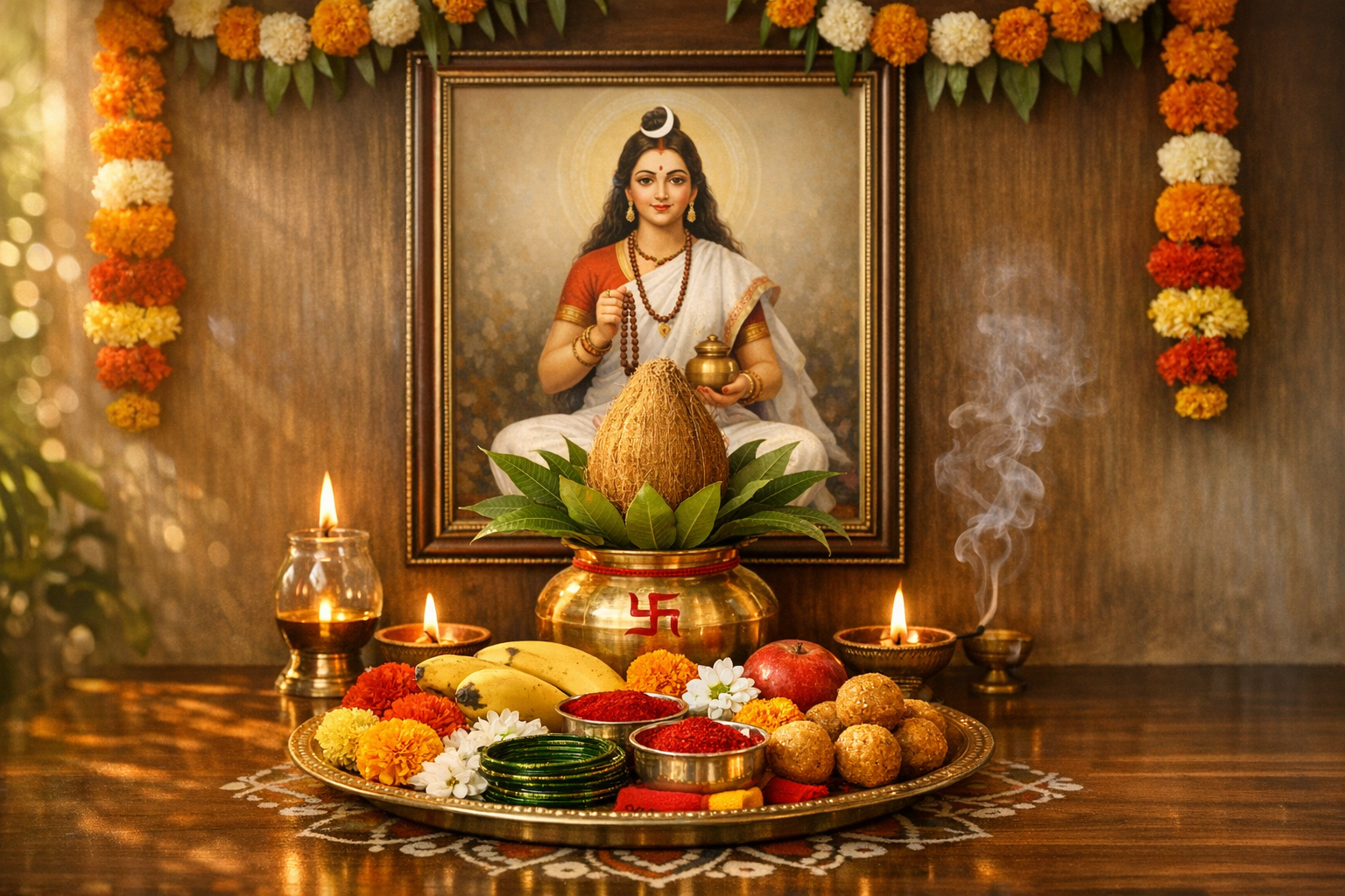 Home altar with framed Hindu goddess, brass kalash with coconut and mango leaves, lit diyas and incense, marigold garlands, and a thali of laddoos, fruit, kumkum, haldi, bangles, and flowers.