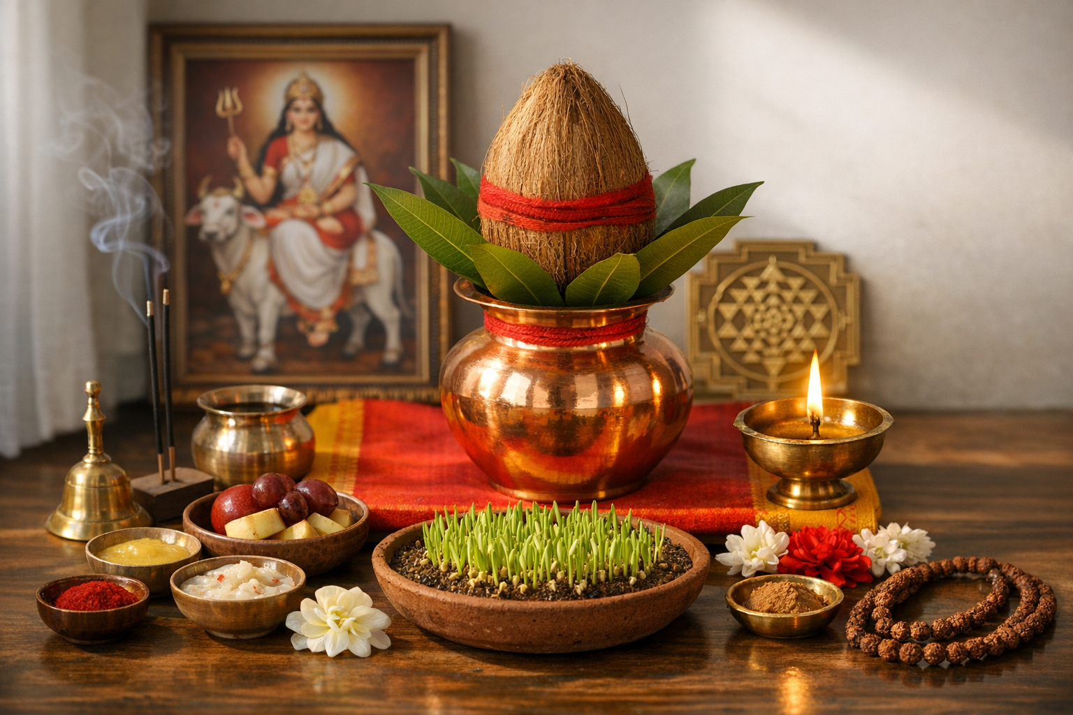 Navratri puja scene with a copper kalash topped with coconut and mango leaves, a lit brass diya, incense, kumkum, haldi, sweets, barley sprouts, rudraksha mala, and a Devi portrait.
