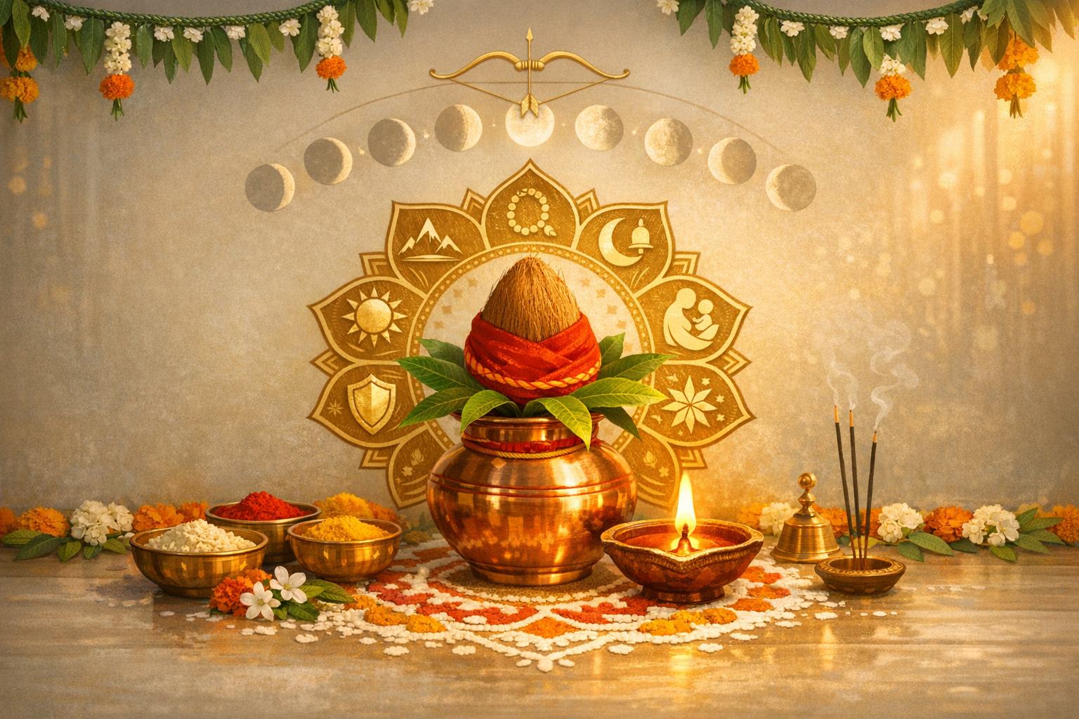 Traditional Hindu puja scene with copper kalash, coconut wrapped in red cloth and mango leaves, lit diya, incense, rangoli and marigold garlands before a golden mandala and moon phases.