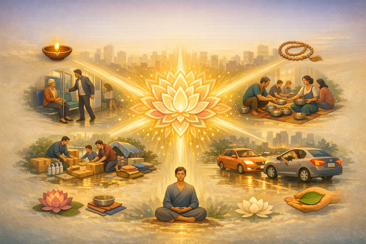 Golden lotus at center radiates over city acts of kindness: a rider offers a seat, volunteers serve food and pack aid, safe driving, and person meditating, with diya, mala, and lotus icons.
