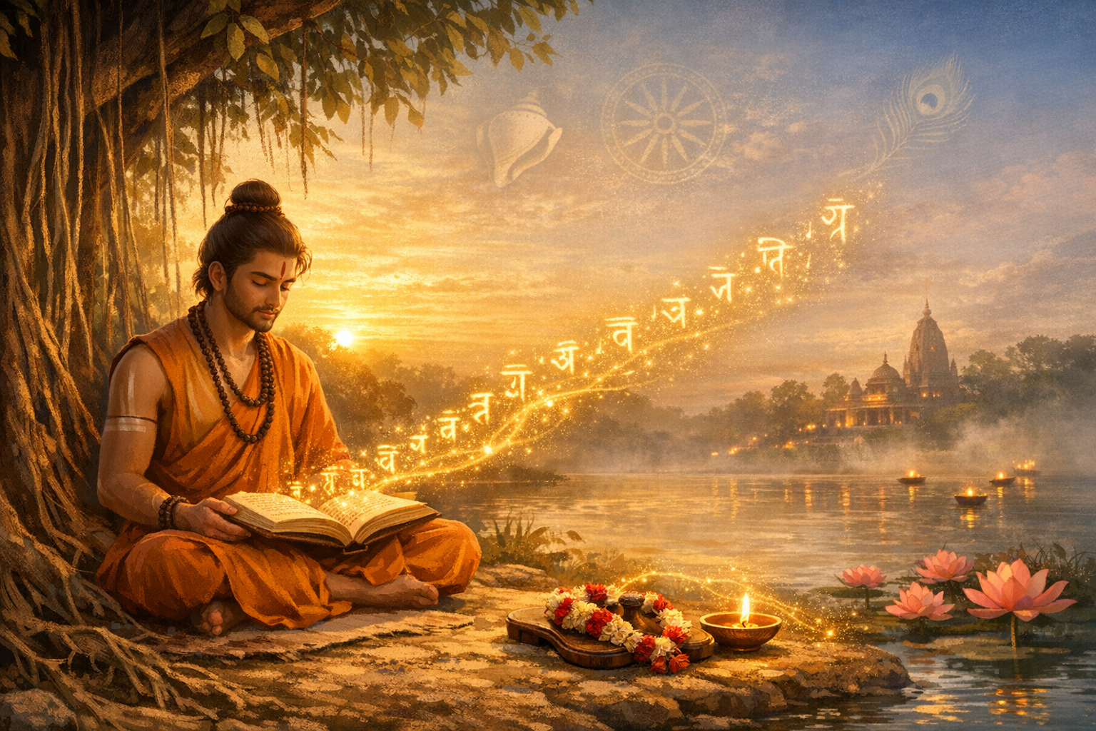 Monk in saffron robes reads a Vedic scripture under a banyan tree at sunset by a river; Sanskrit mantras stream toward a riverbank temple with diyas and lotus—spirituality, meditation, Vedic wisdom.