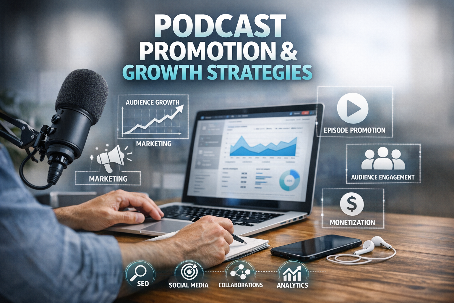 Podcast workspace with a studio mic, laptop showing blue analytics charts, and icons for audience growth, marketing, episode promotion, audience engagement, monetization, SEO, and social media.