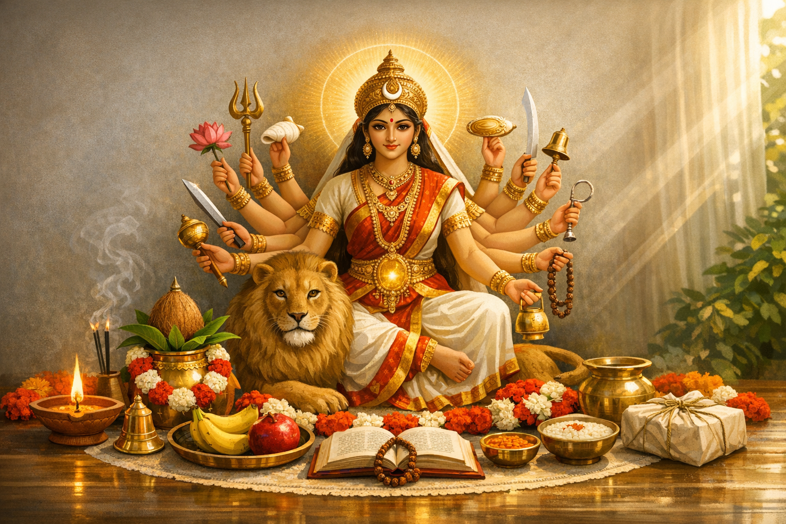 Durga seated by a lion in red-and-gold attire, many arms holding trident, discus, conch and lotus, amid diyas, kalash, flowers and prasad for Navratri puja.