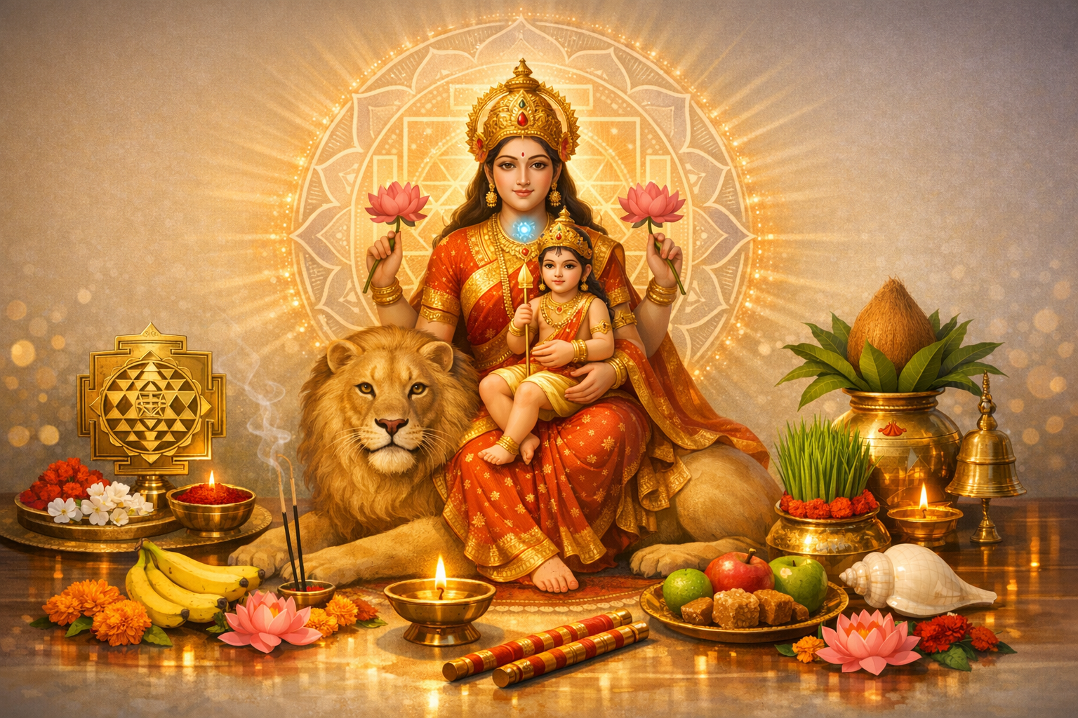 Illustration of a Hindu goddess in red sari holding pink lotuses, seated with child and lion before a glowing mandala, surrounded by diyas, yantra, fruit, flowers, and puja offerings.
