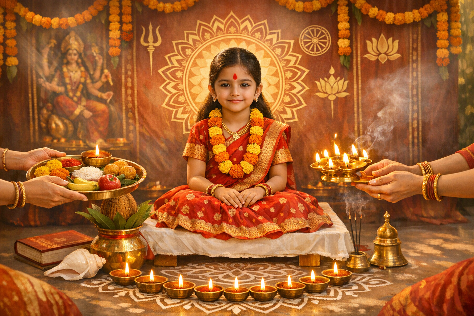 Young girl in red sari adorned with marigold garlands sits before a deity backdrop, surrounded by diyas, aarti lamp, puja thali, incense and rangoli during a Hindu festival ritual.