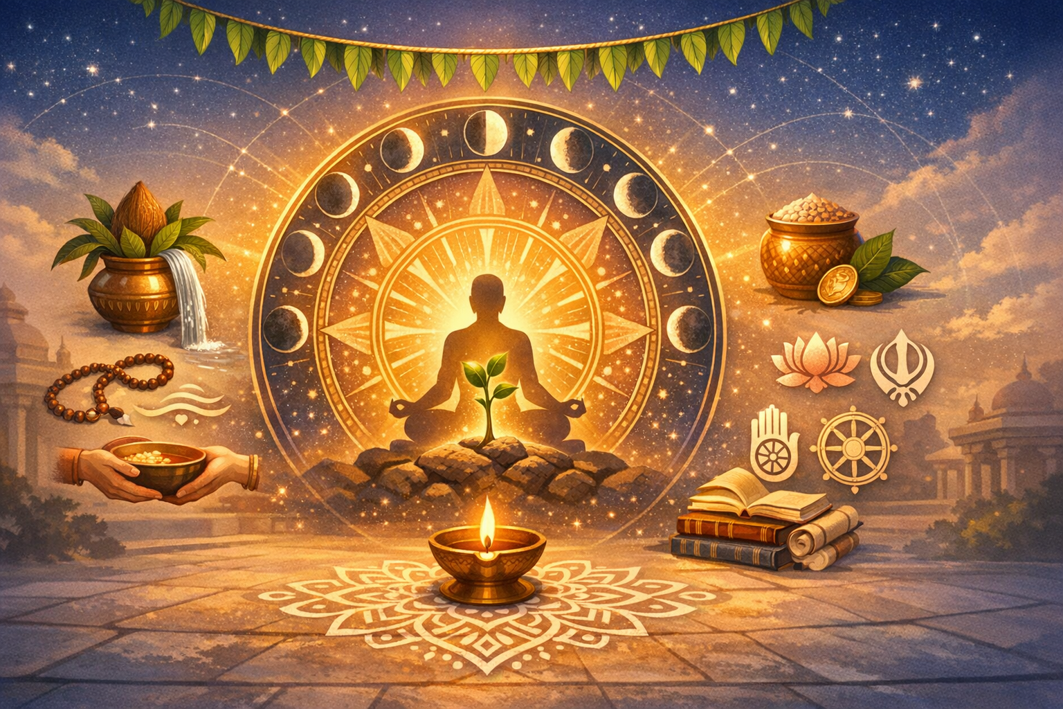 Golden mandala and moon phases encircle a meditating figure with a sapling; a lit diya on rangoli, kalash, prayer beads, lotus, books, and dharma symbols sit under a starry sky with distant temples.