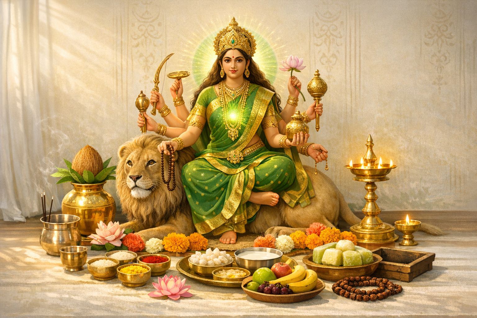 Artwork of Goddess Durga in a green sari, seated on a lion, holding a lotus, chakra, sword, japa mala, and golden kalash, ringed by diyas, marigolds, incense, fruits, and prasad on a puja altar.