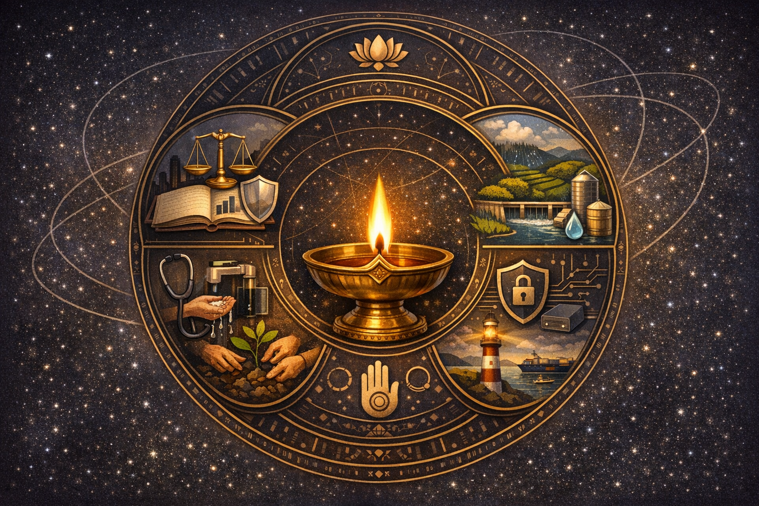 Celestial mandala with a glowing golden diya at center, ringed by icons for justice, health, agriculture, water, cybersecurity, and navigation, set against a starry sky with lotus symbols.