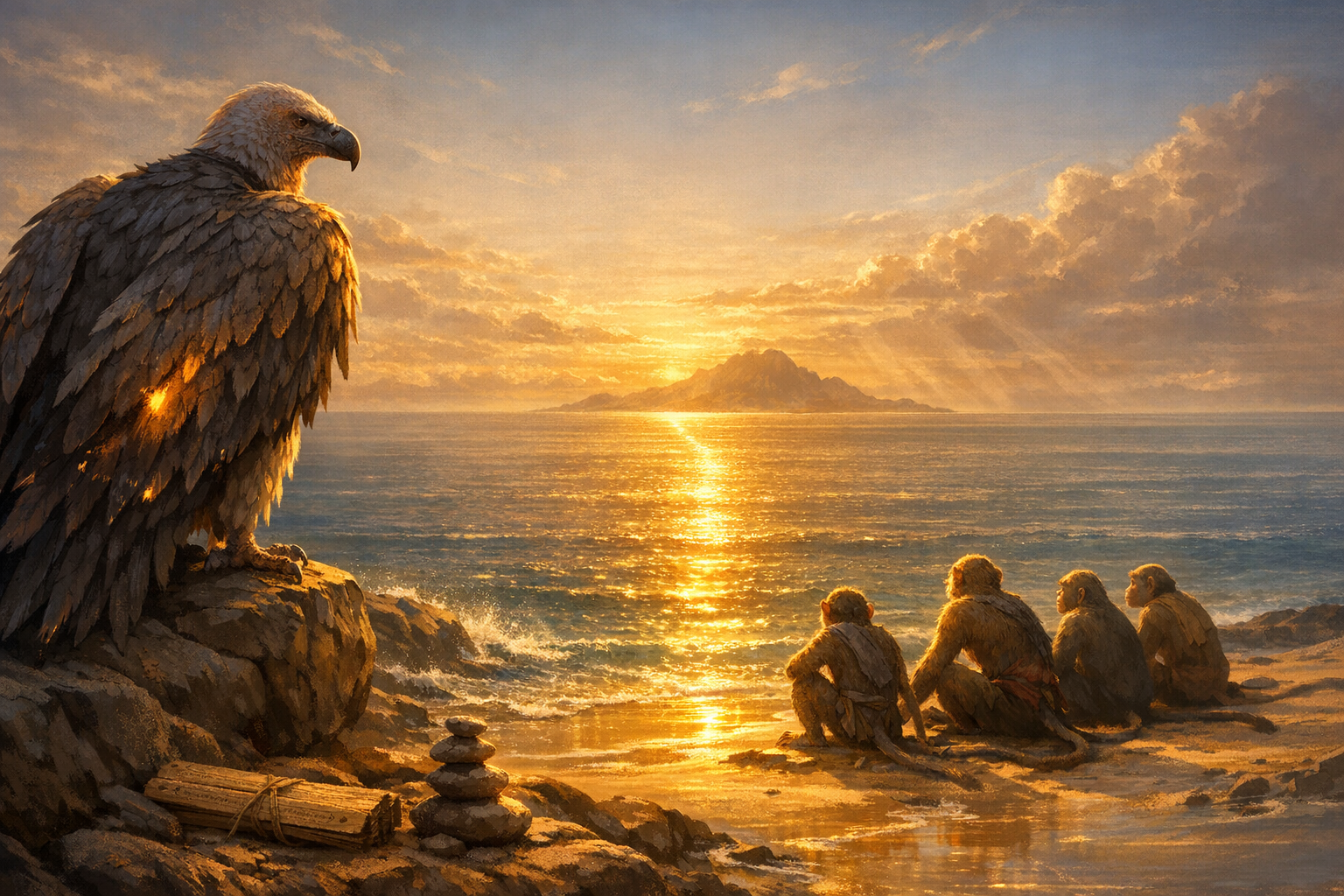 Golden-hour seascape artwork with a sunlit path to a distant island; a large eagle stands on rocks at left as four monkeys sit on the beach at right; foamy surf, stone cairn, and tied wooden boards.