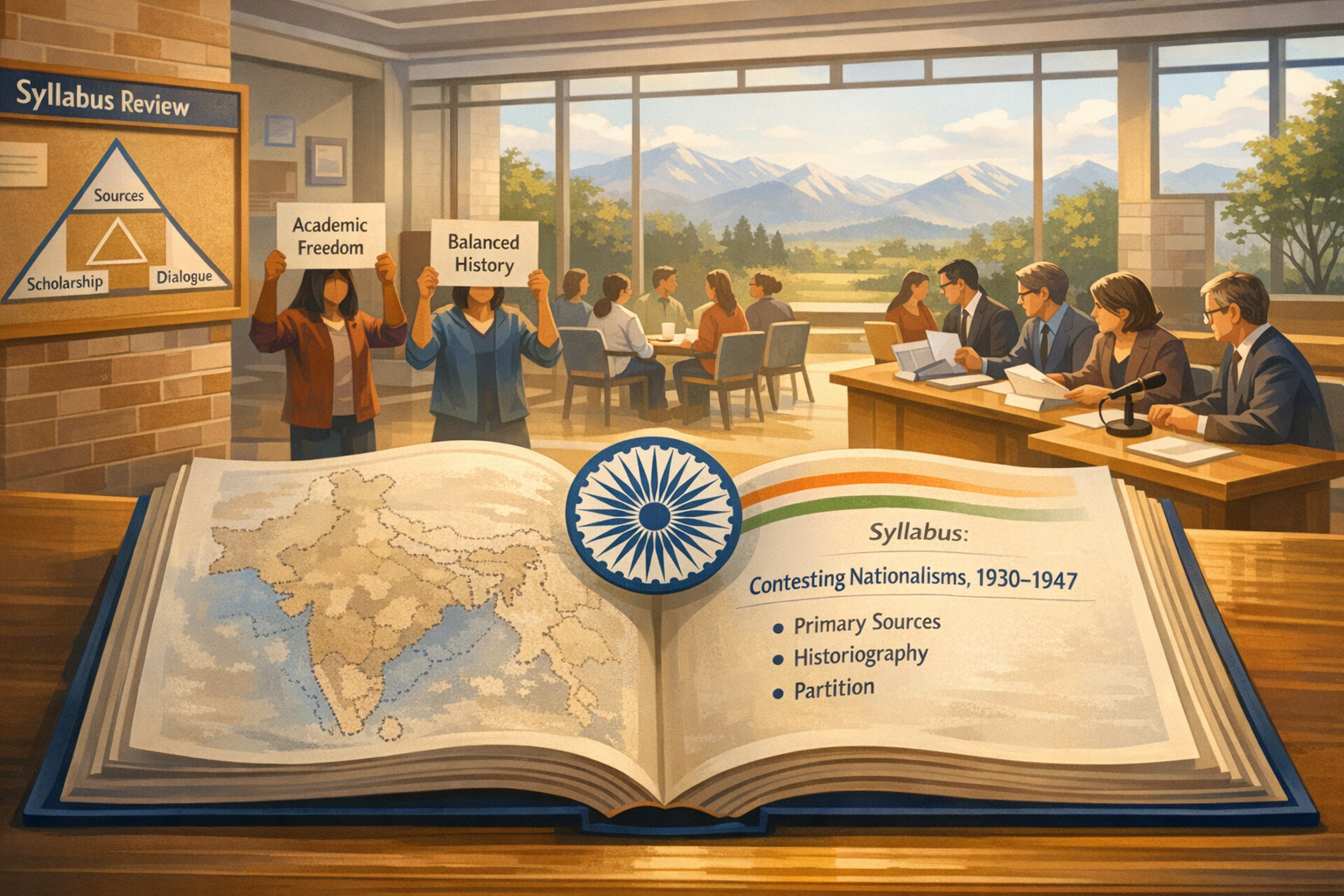 University meeting on curriculum review: an open history book with India map and topics on nationalism, partition, and historiography; students hold signs for academic freedom and balanced history.