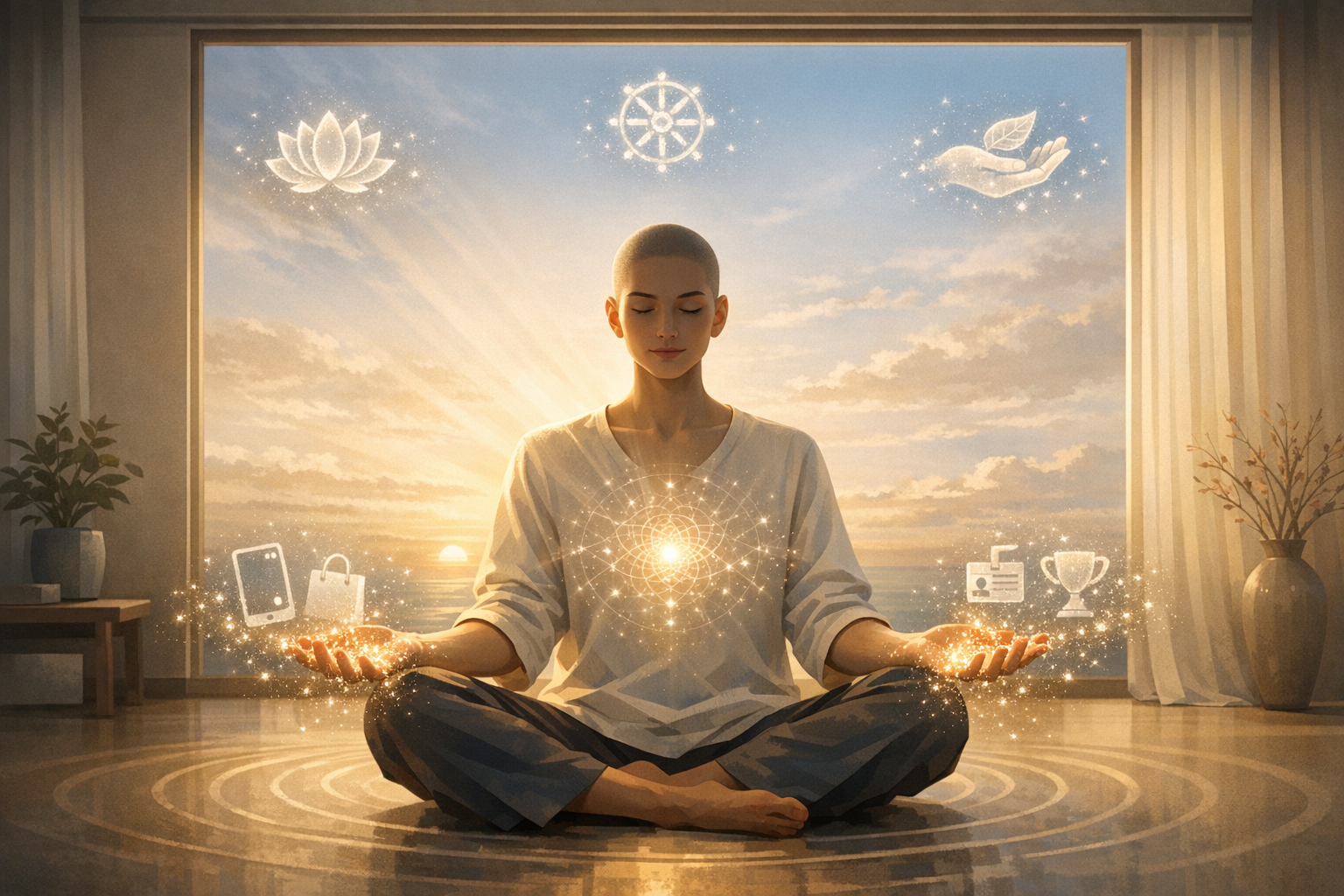 Seated person meditates at a sunlit window, glowing orb at chest and sparkling icons: phone, bag, ID, trophy by both hands; lotus, wheel and leaf symbols glow above, showing mindfulness and wellness.