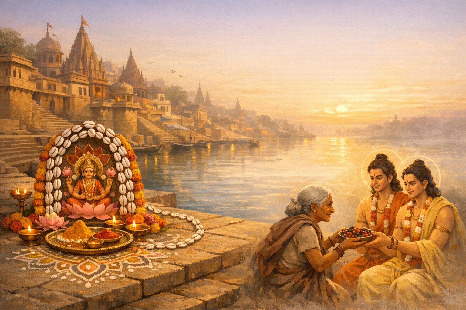 Painting of a golden sunrise over stone river ghats and temples; a Hindu goddess altar with marigolds, cowrie shells, rangoli and diyas; an elderly woman offers berries to garlanded, haloed youths.
