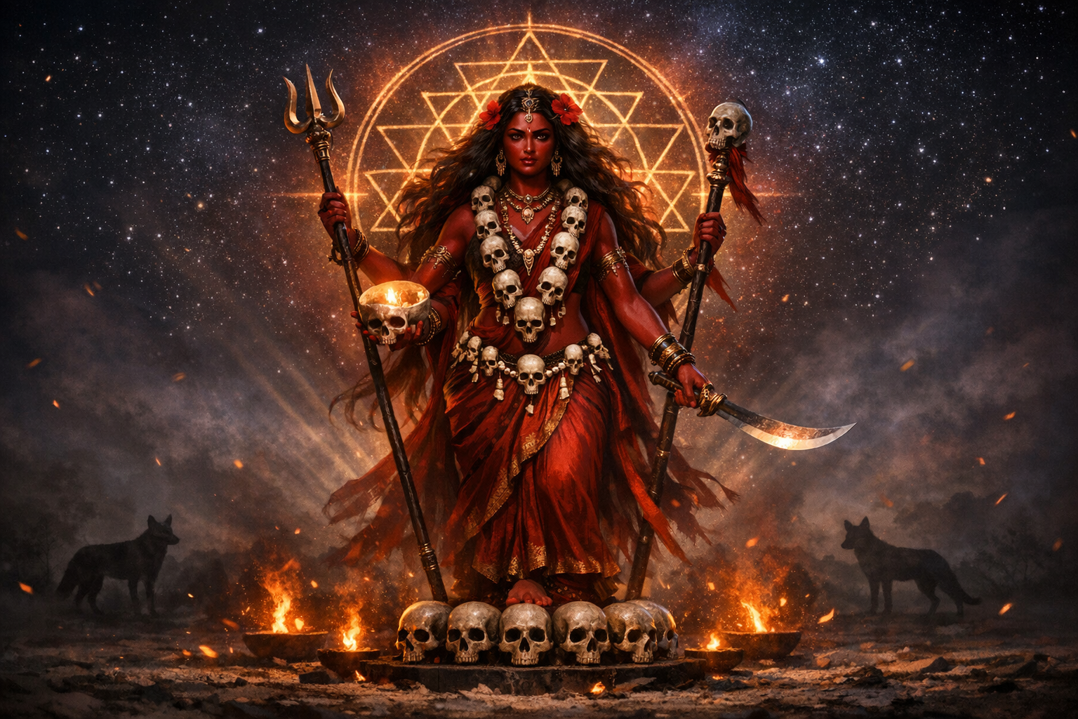 Rakta Chamundi: Blood-Red Shakti of Wrathful Compassion, Liberation, and Cosmic Balance