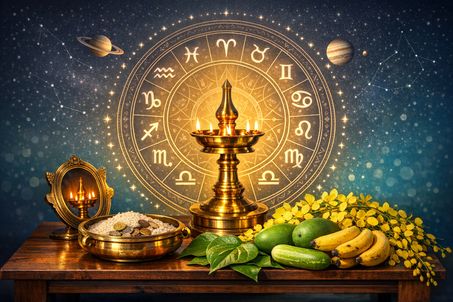 Brass oil lamp before a glowing astrology zodiac wheel, with rice and coins, betel leaves, mangoes, bananas, cucumber, and golden shower flowers on a wooden table; planets and stars hint at horoscope.