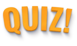 Bold orange word 'QUIZ!' in chunky 3D letters on a soft gray speech-bubble backdrop, used as a graphic cue for a Navratri festival quiz post inviting engagement about rituals and traditions.