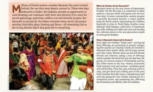 Navratri magazine spread with a Garba photo: dancers in colorful traditional dress with flared skirts and turbans amid a festive crowd, alongside text explaining the nine‑night Hindu festival.