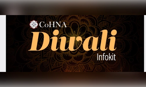 Festival banner with an ornate dark mandala background and bold warm lettering that reads 'CoHNA Diwali Infokit,' set in orange over a floral rangoli-like pattern.