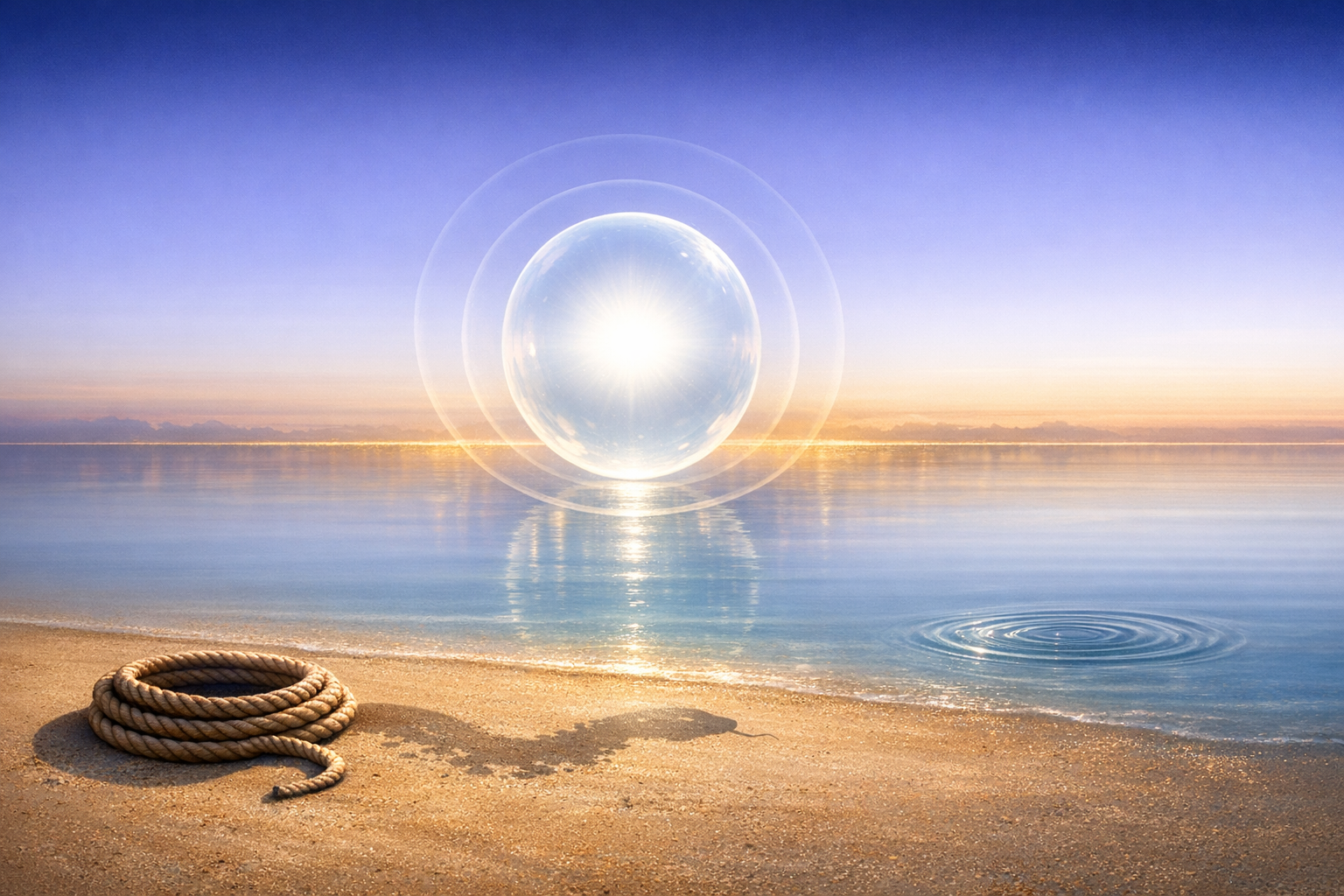 Surreal dawn seascape: a luminous orb with halos hovers above glassy water, nearby ripples expand, and a coiled rope rests on the sandy shore; a meditative view for mindfulness and wellness.