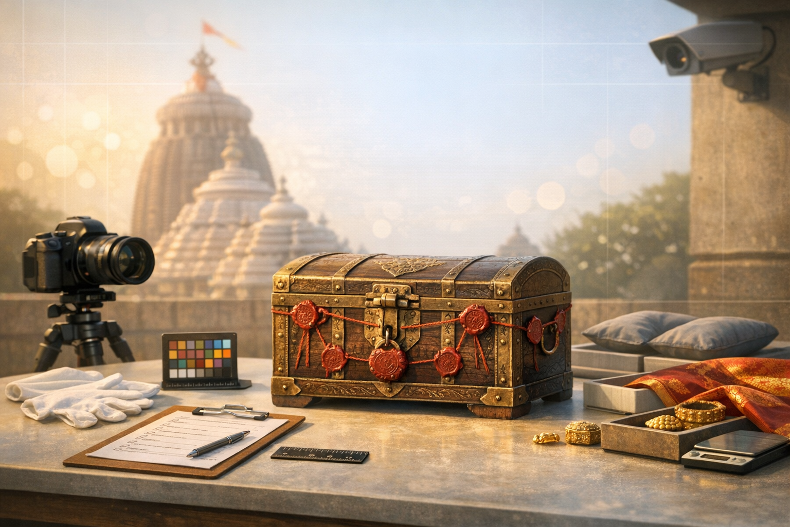 Ornate wooden chest sealed with red wax sits on a cataloging table with camera, gloves, clipboard and scale beside gold jewelry trays, set before a blurred temple—heritage conservation scene.