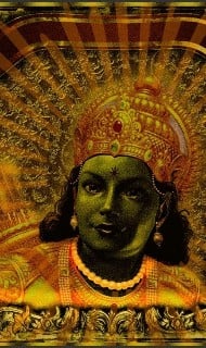 Devotional artwork of Lord Sri Ramacandra in golden tones, wearing an ornate jeweled crown and necklace, set against a radiant halo and decorative patterns—evoking Rama Navami and Vaishnava bhakti.