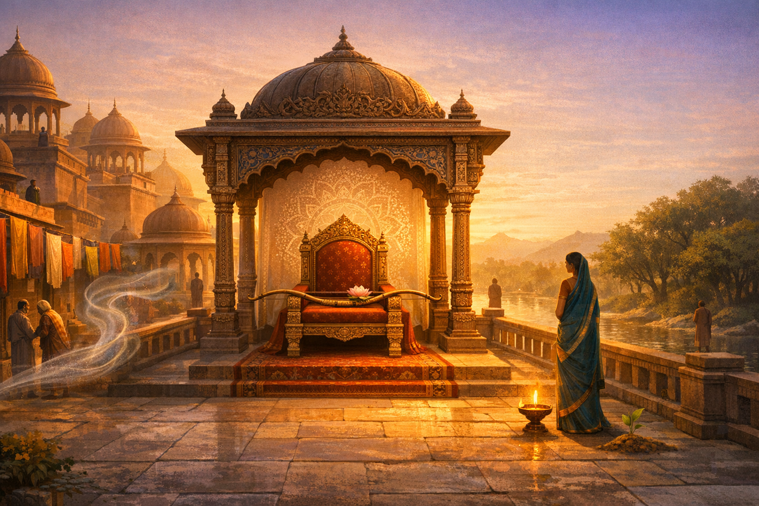 Digital illustration of an ornate Indian pavilion by a riverside ghat at sunrise, with a gilded throne bearing a long ceremonial bow and lotus, a woman in a blue sari, an oil lamp, and chhatris.