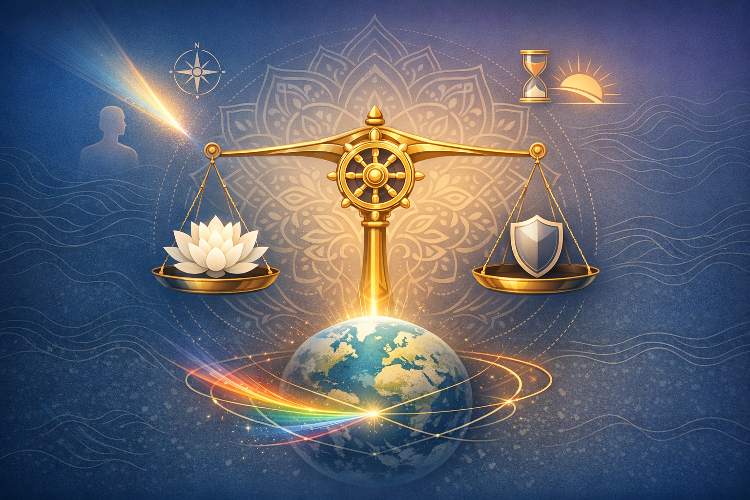 Golden scales with a lotus and shield balanced above Earth, centered on a ship's helm, with compass and sunrise icons that evoke mindful leadership, ethics, security, and sustainable choices.