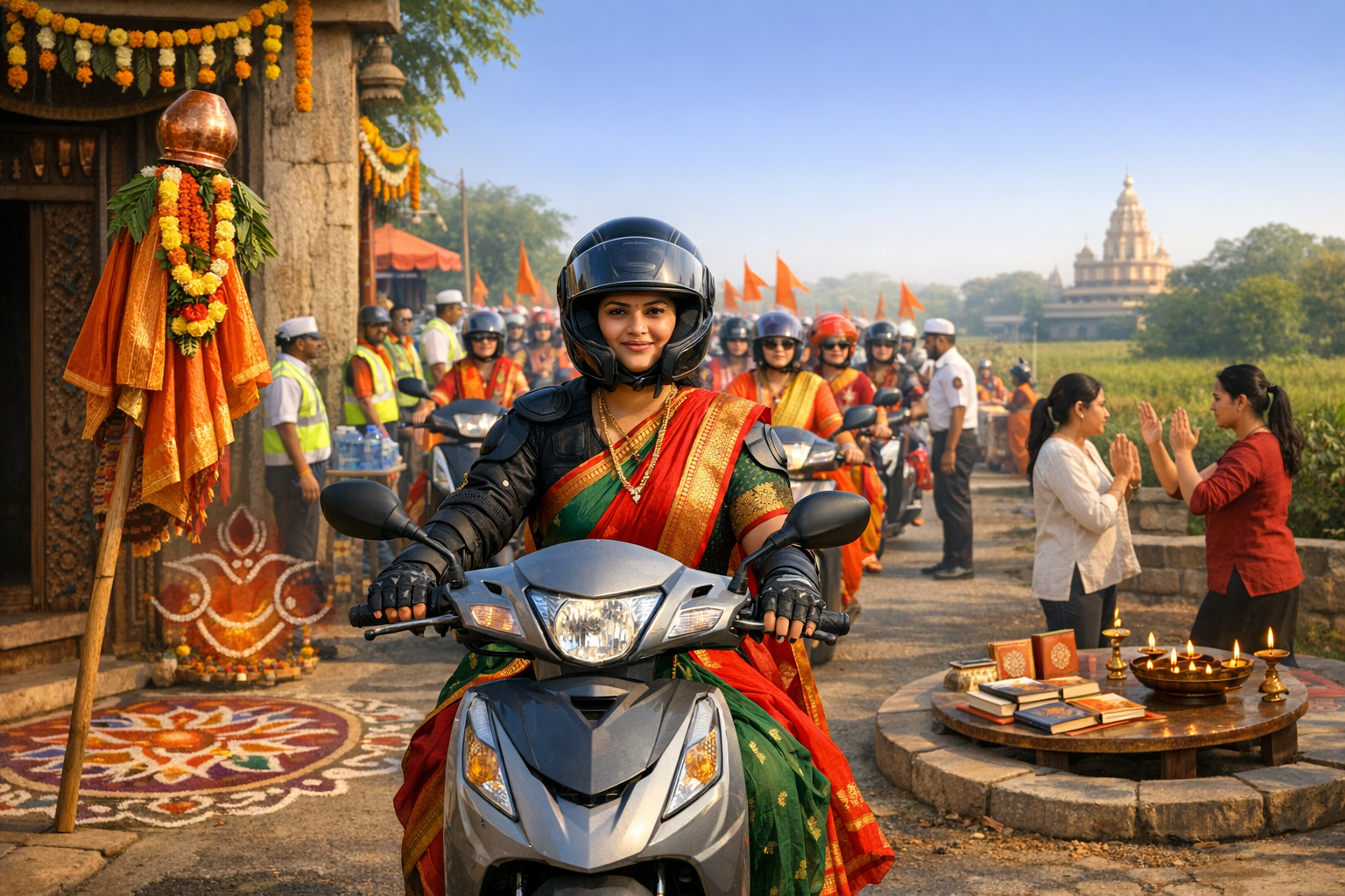 Helmeted women in colorful sarees ride scooters in a festive parade by a decorated temple; marigold garlands, rangoli, brass lamps, and orange flags frame the lively community scene.
