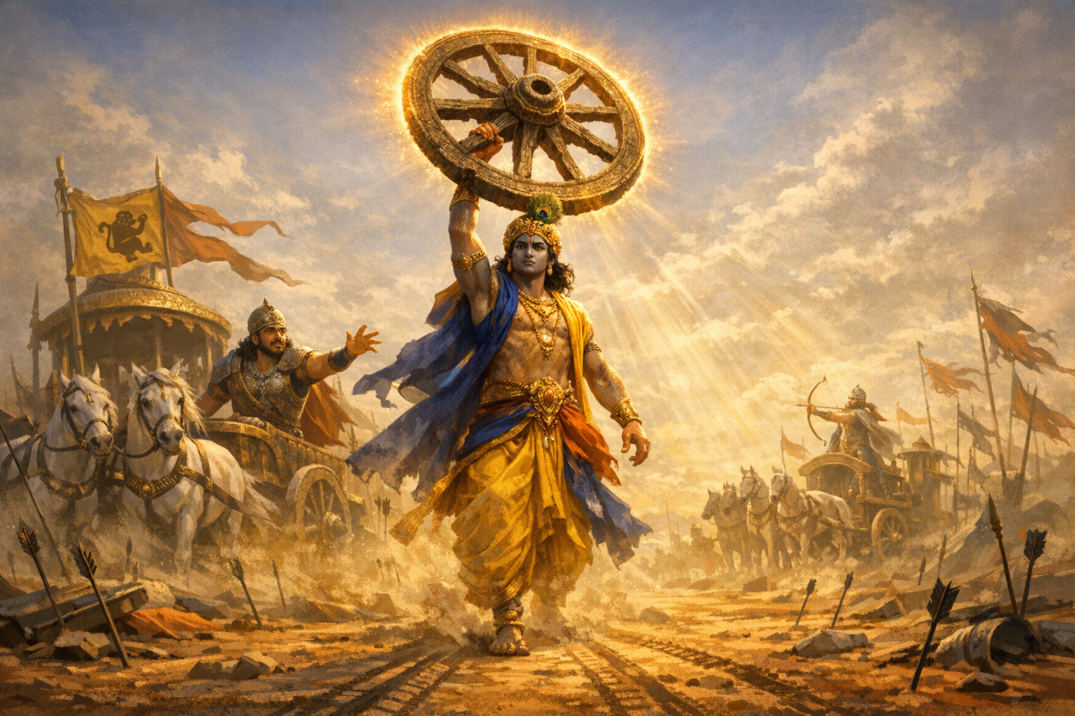 Krishna Lifts the Wheel: Kurukshetra’s Defining Clash of Dharma, Devotion, and Duty